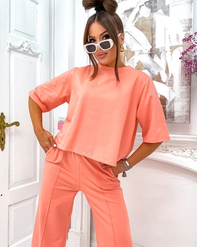 Royalfashion Дамски памучен комплект с разширени панталони