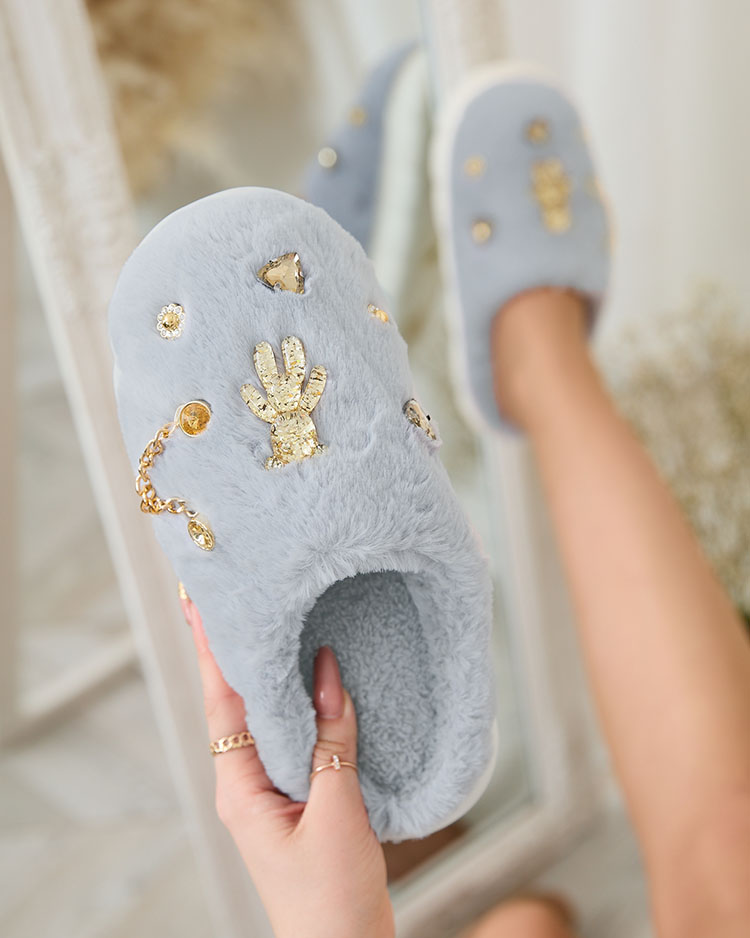 Royalfashion Сини дамски чехли от естествена кожа с орнаменти Erserra